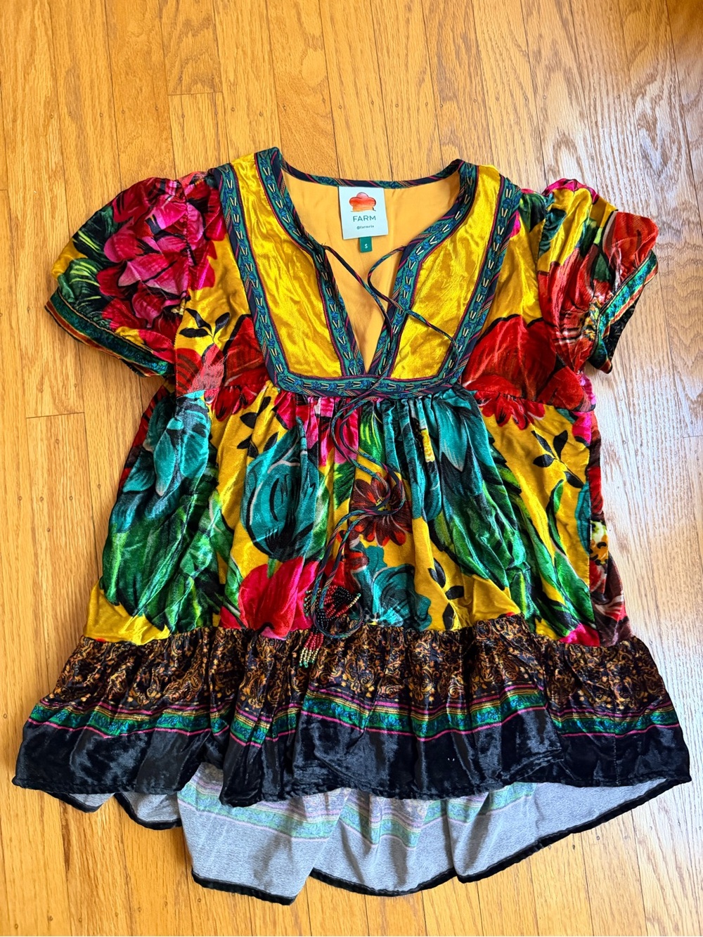FARM Rio Yellow Floral Velvet Peasant Tunic with Teal & Red Accents